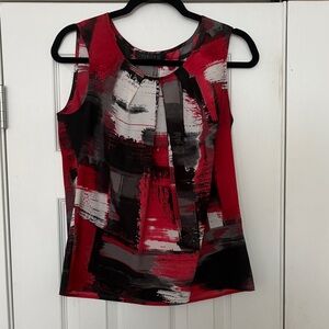 Kasper Red, Black & White Abstract Sleeveless Pleated Neck Blouse